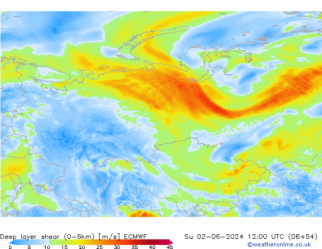 Deep layer shear (0-6km) ECMWF dim 02.06.2024 12 UTC