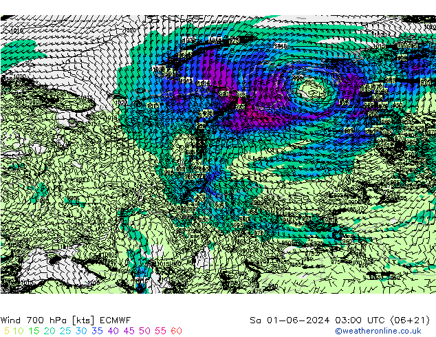 wiatr 700 hPa ECMWF so. 01.06.2024 03 UTC