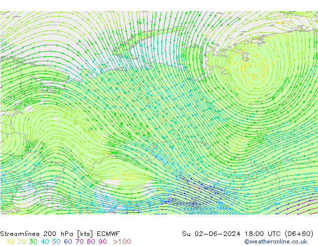 Streamlines 200 hPa ECMWF Su 02.06.2024 18 UTC