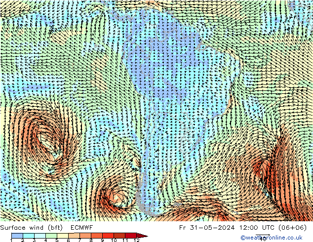 Rüzgar 10 m (bft) ECMWF Cu 31.05.2024 12 UTC