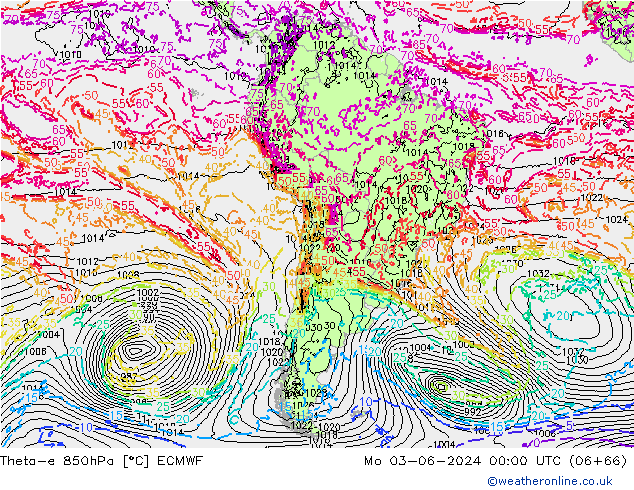 Theta-e 850hPa ECMWF pon. 03.06.2024 00 UTC