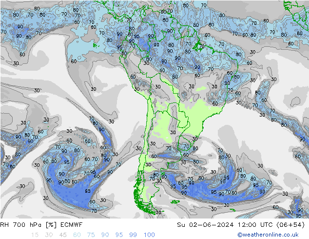 Humedad rel. 700hPa ECMWF dom 02.06.2024 12 UTC