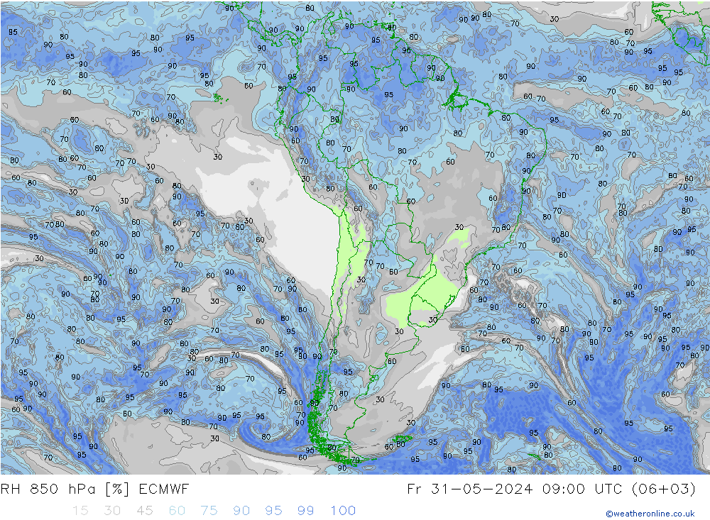 Humidité rel. 850 hPa ECMWF ven 31.05.2024 09 UTC