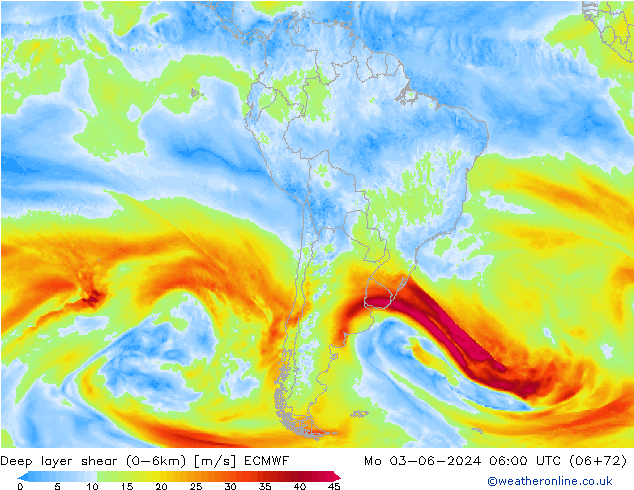 Deep layer shear (0-6km) ECMWF Seg 03.06.2024 06 UTC