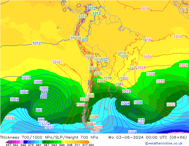 Thck 700-1000 hPa ECMWF pon. 03.06.2024 00 UTC