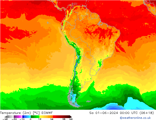 mapa temperatury (2m) ECMWF so. 01.06.2024 00 UTC