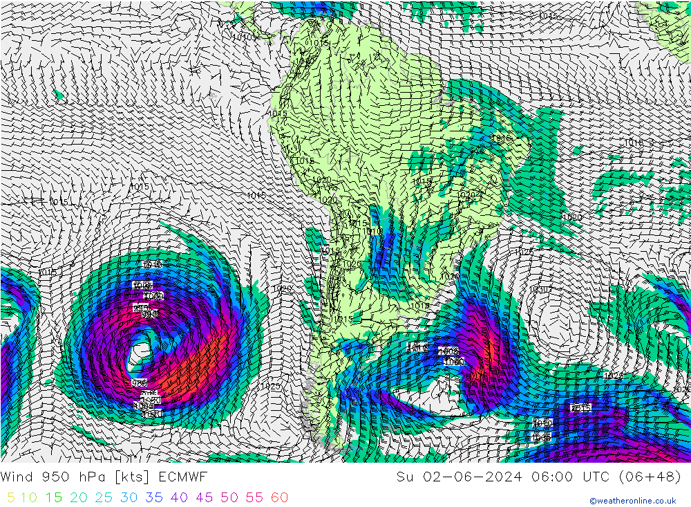 Rüzgar 950 hPa ECMWF Paz 02.06.2024 06 UTC