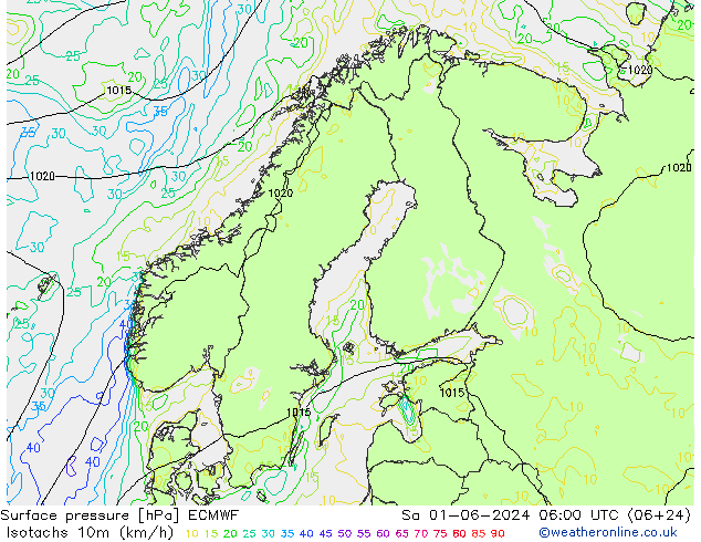 Isotachen (km/h) ECMWF Sa 01.06.2024 06 UTC