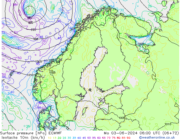 Isotachs (kph) ECMWF lun 03.06.2024 06 UTC