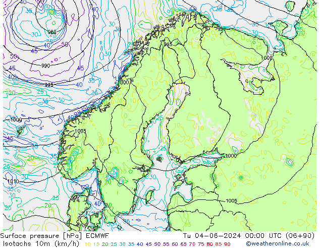 Izotacha (km/godz) ECMWF wto. 04.06.2024 00 UTC