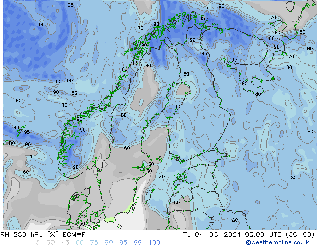 RH 850 hPa ECMWF Tu 04.06.2024 00 UTC