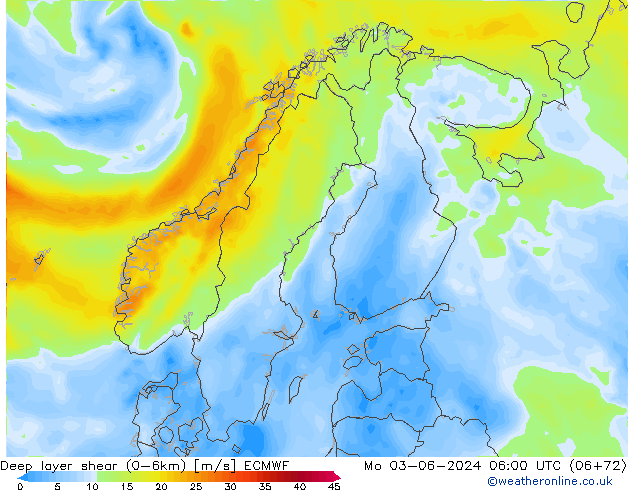 Deep layer shear (0-6km) ECMWF lun 03.06.2024 06 UTC