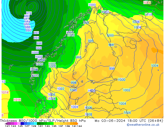 Dikte 850-1000 hPa ECMWF ma 03.06.2024 18 UTC