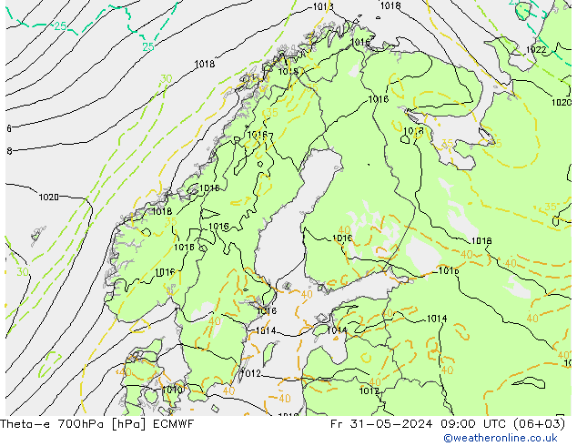 Theta-e 700hPa ECMWF Sex 31.05.2024 09 UTC