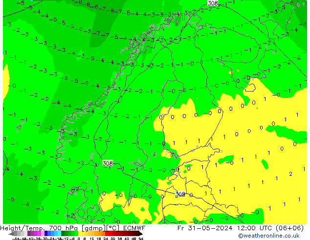 Height/Temp. 700 hPa ECMWF Sex 31.05.2024 12 UTC