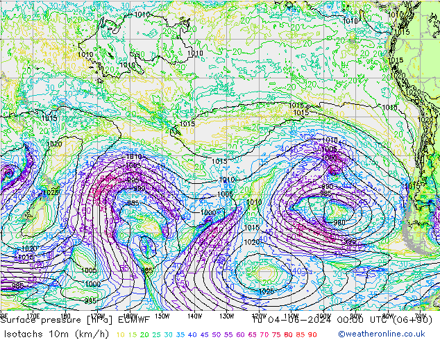 Eşrüzgar Hızları (km/sa) ECMWF Sa 04.06.2024 00 UTC