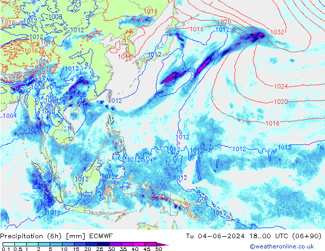 Precipitation (6h) ECMWF Tu 04.06.2024 00 UTC