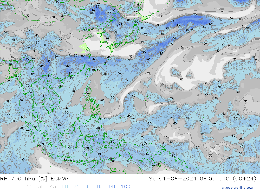 RH 700 гПа ECMWF сб 01.06.2024 06 UTC