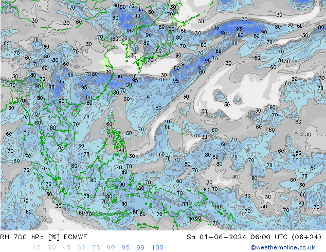 Humedad rel. 700hPa ECMWF sáb 01.06.2024 06 UTC