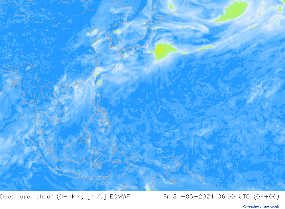 Deep layer shear (0-1km) ECMWF vr 31.05.2024 06 UTC