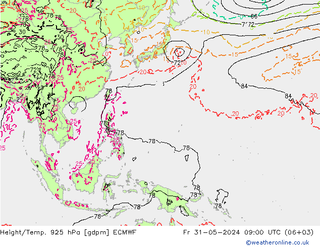 Height/Temp. 925 hPa ECMWF Fr 31.05.2024 09 UTC