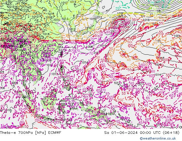 Theta-e 700hPa ECMWF sab 01.06.2024 00 UTC