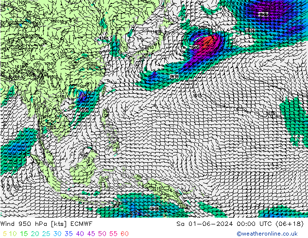 Vento 950 hPa ECMWF sab 01.06.2024 00 UTC