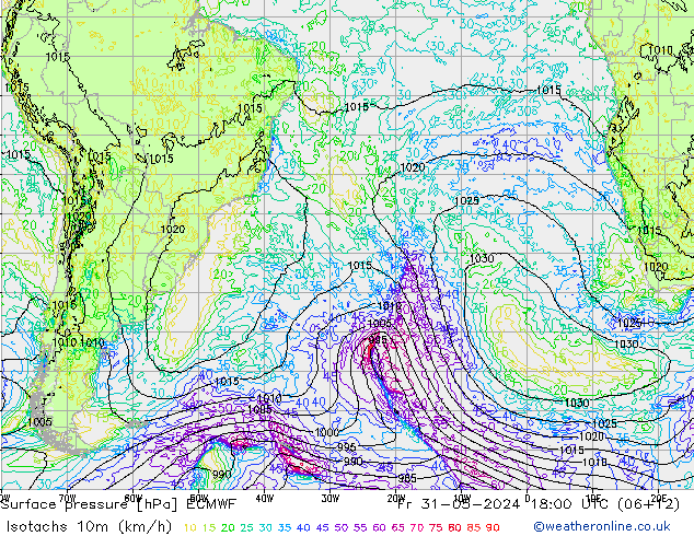 Isotachs (kph) ECMWF  31.05.2024 18 UTC