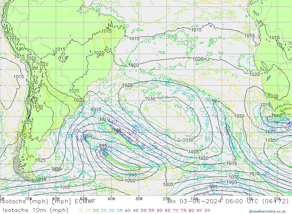 Eşrüzgar Hızları mph ECMWF Pzt 03.06.2024 06 UTC