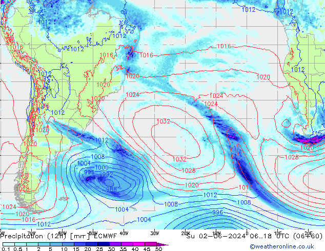 Precipitation (12h) ECMWF Su 02.06.2024 18 UTC