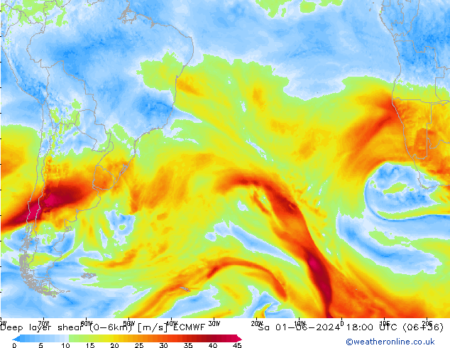 Deep layer shear (0-6km) ECMWF Sa 01.06.2024 18 UTC