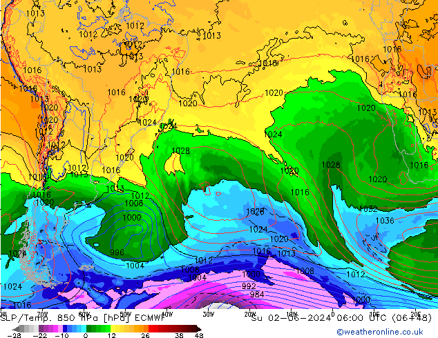 850 hPa Yer Bas./Sıc ECMWF Paz 02.06.2024 06 UTC