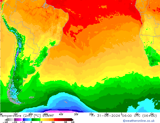 Temperatuurkaart (2m) ECMWF vr 31.05.2024 06 UTC