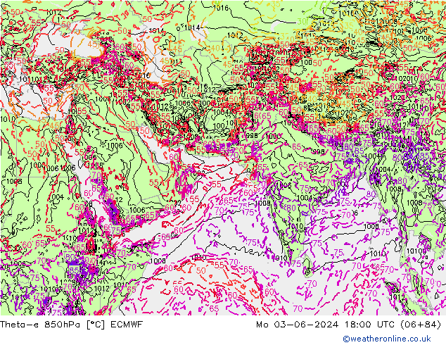 Theta-e 850hPa ECMWF 星期一 03.06.2024 18 UTC