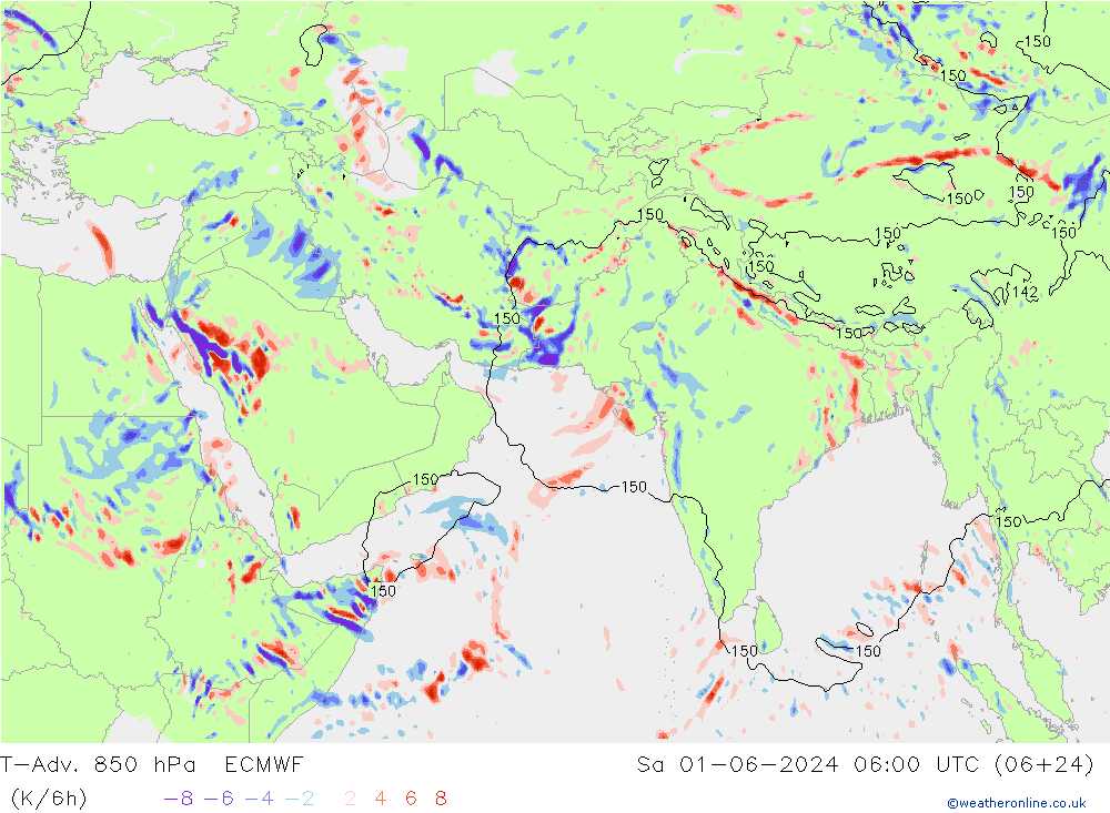 T-Adv. 850 hPa ECMWF 星期六 01.06.2024 06 UTC