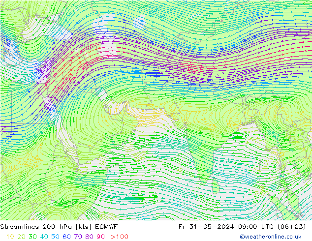 Linea di flusso 200 hPa ECMWF ven 31.05.2024 09 UTC