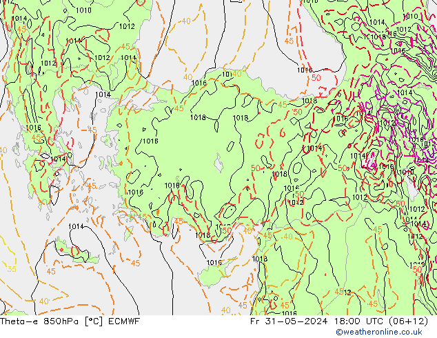 Theta-e 850hPa ECMWF Fr 31.05.2024 18 UTC