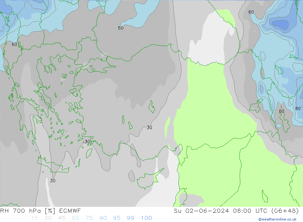 RH 700 hPa ECMWF Su 02.06.2024 06 UTC