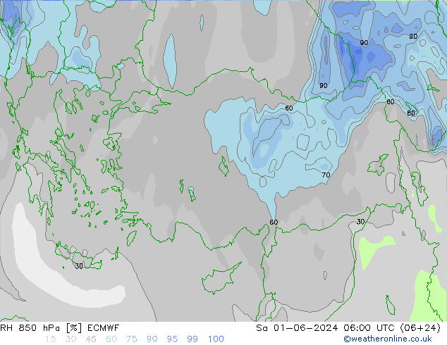 Humidité rel. 850 hPa ECMWF sam 01.06.2024 06 UTC