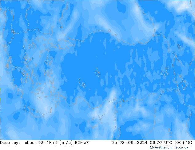 Deep layer shear (0-1km) ECMWF Su 02.06.2024 06 UTC