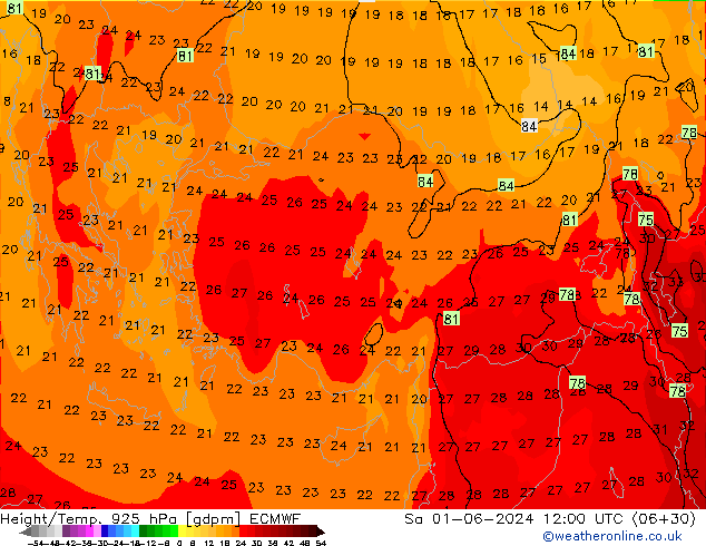 Geop./Temp. 925 hPa ECMWF sáb 01.06.2024 12 UTC