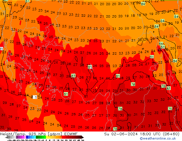 Height/Temp. 925 hPa ECMWF Su 02.06.2024 18 UTC