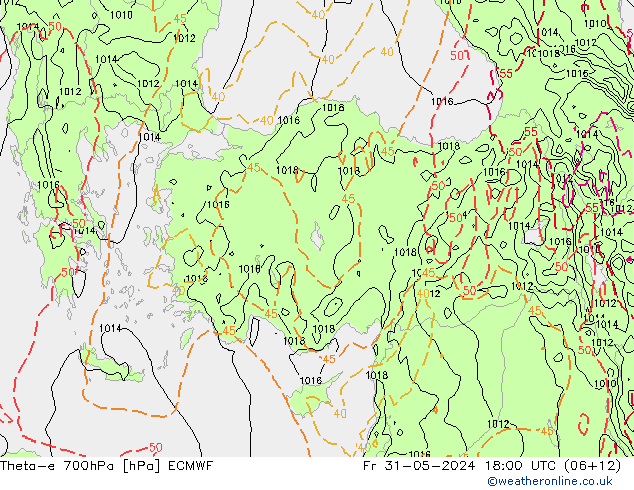 Theta-e 700hPa ECMWF Fr 31.05.2024 18 UTC