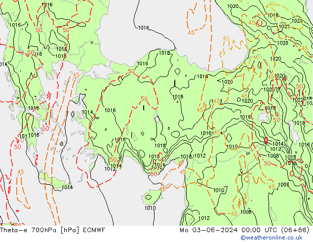 Theta-e 700hPa ECMWF lun 03.06.2024 00 UTC