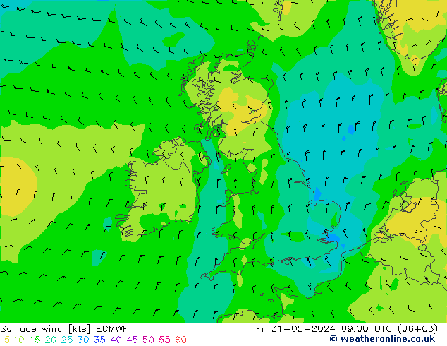 wiatr 10 m ECMWF pt. 31.05.2024 09 UTC