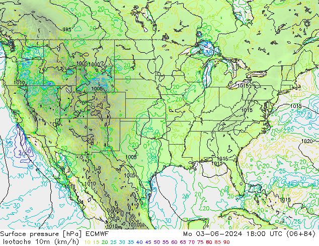 Isotachs (kph) ECMWF пн 03.06.2024 18 UTC