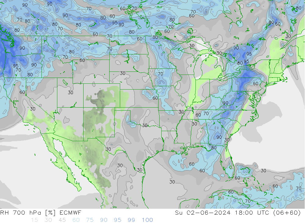 RH 700 гПа ECMWF Вс 02.06.2024 18 UTC