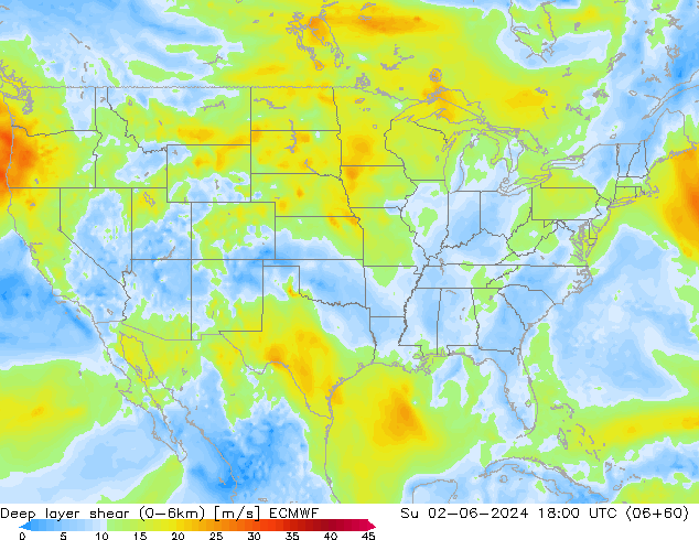 Deep layer shear (0-6km) ECMWF Paz 02.06.2024 18 UTC