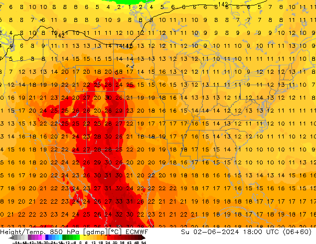 Height/Temp. 850 гПа ECMWF Вс 02.06.2024 18 UTC