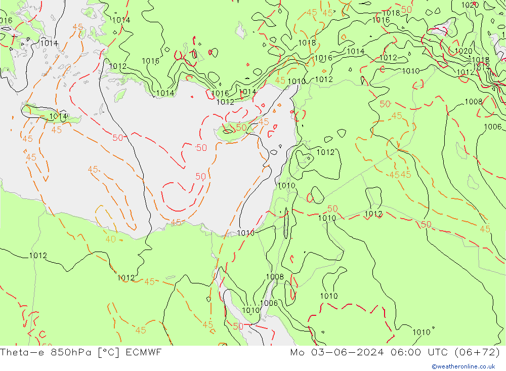 Theta-e 850hPa ECMWF lun 03.06.2024 06 UTC